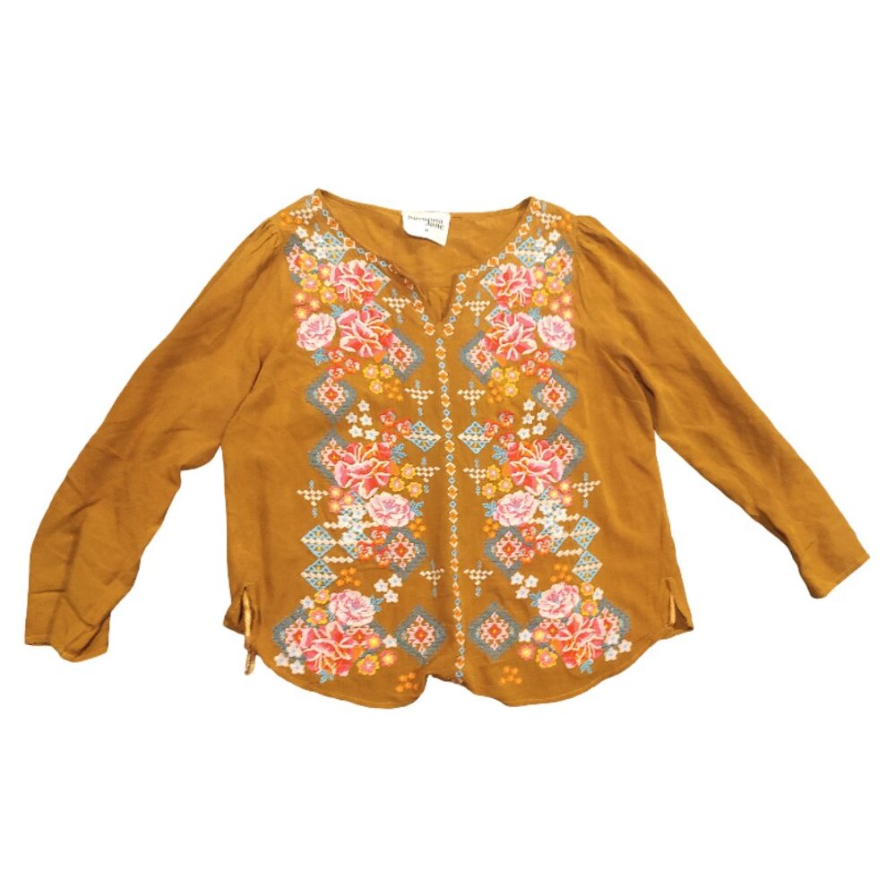Savanna Jane Mustard Yellow Blouse with Multicolor Floral Embroidery Size Medium